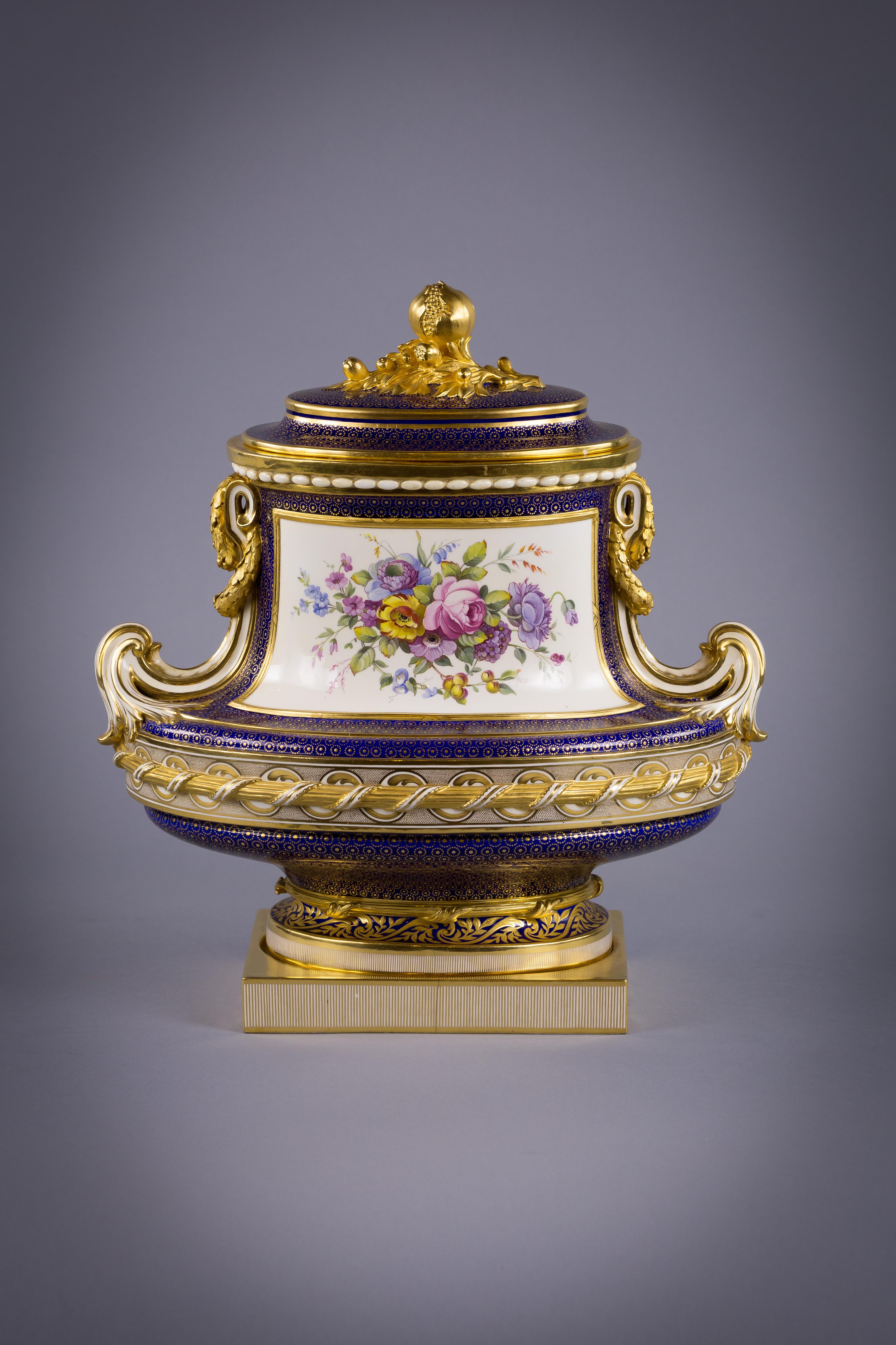 In Sevres style (see photo of base). The floral painting signed 'H.A. Steele' (?).