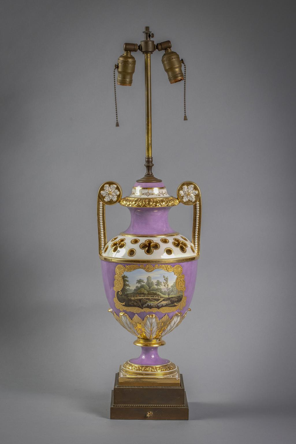 English Porcelain covered vase mounted as Lamp, Flight Barr and Barr, Circa 1810.