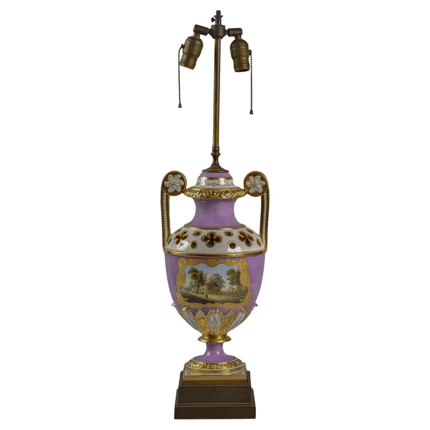 English Porcelain Covered Vase Mounted as Lamp, Flight Barr and Barr, circa 1810 For Sale