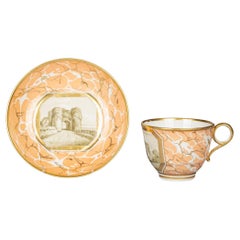 Taza y platillo de porcelana inglesa, Worcester, hacia 1820