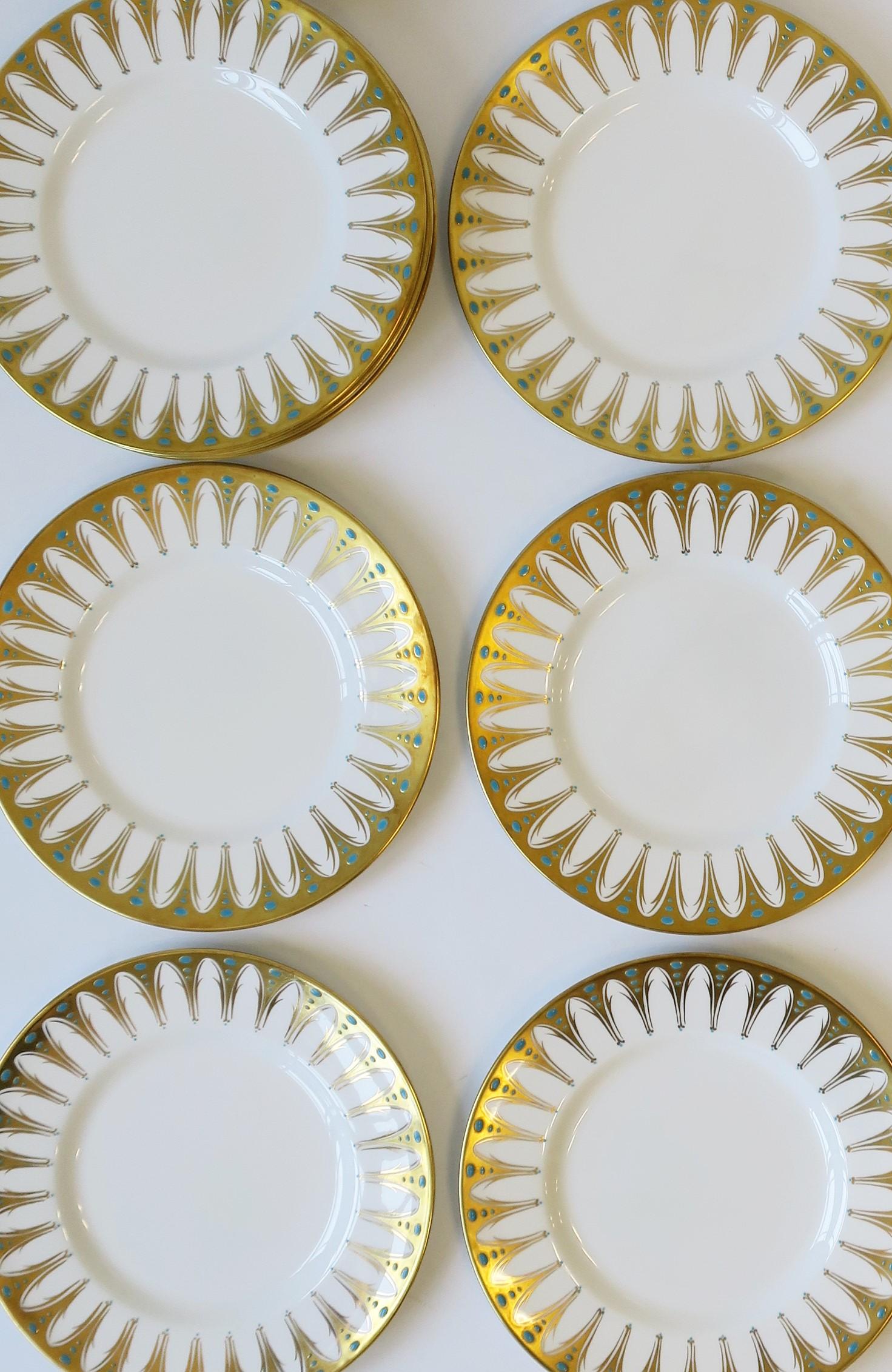 English Porcelain Dinner Plates in White Gold & Blue, circa 1960s, Set of 12 5