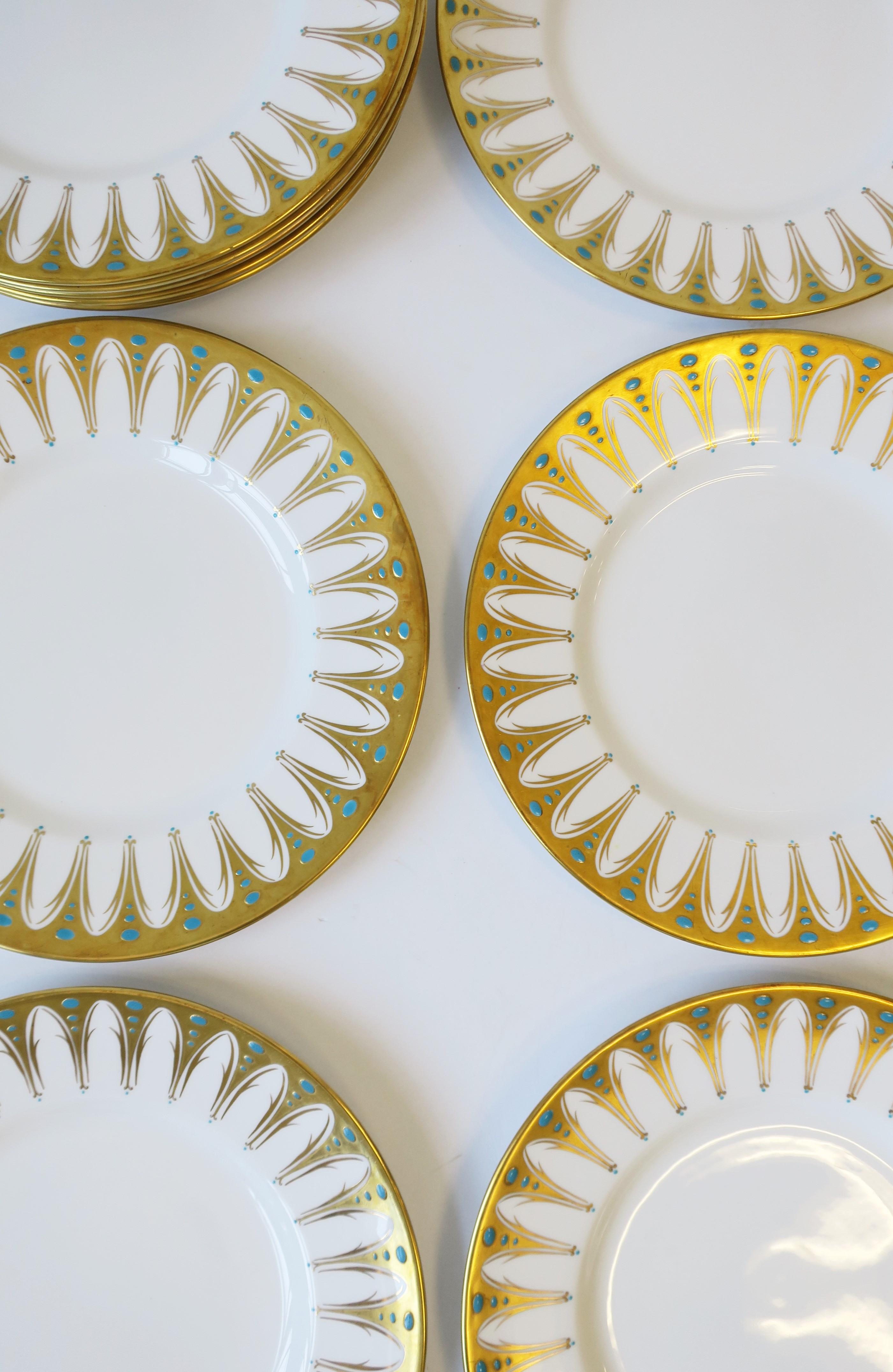 English Porcelain Dinner Plates in White Gold & Blue, circa 1960s, Set of 12 6