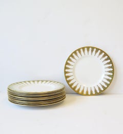 English Porcelain Dinner Plates in White Gold & Blue, circa 1960s, Set of 12