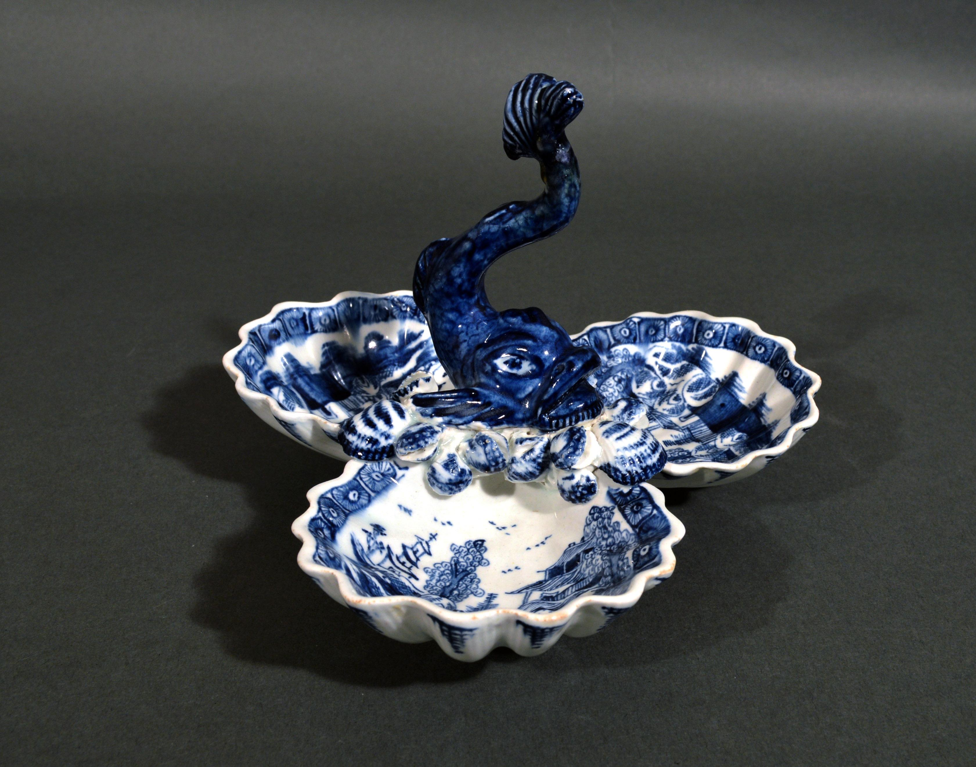 Georgian English Porcelain Dolphin Sweetmeat or Pickle Stand, Bow Factory, 1752-1755