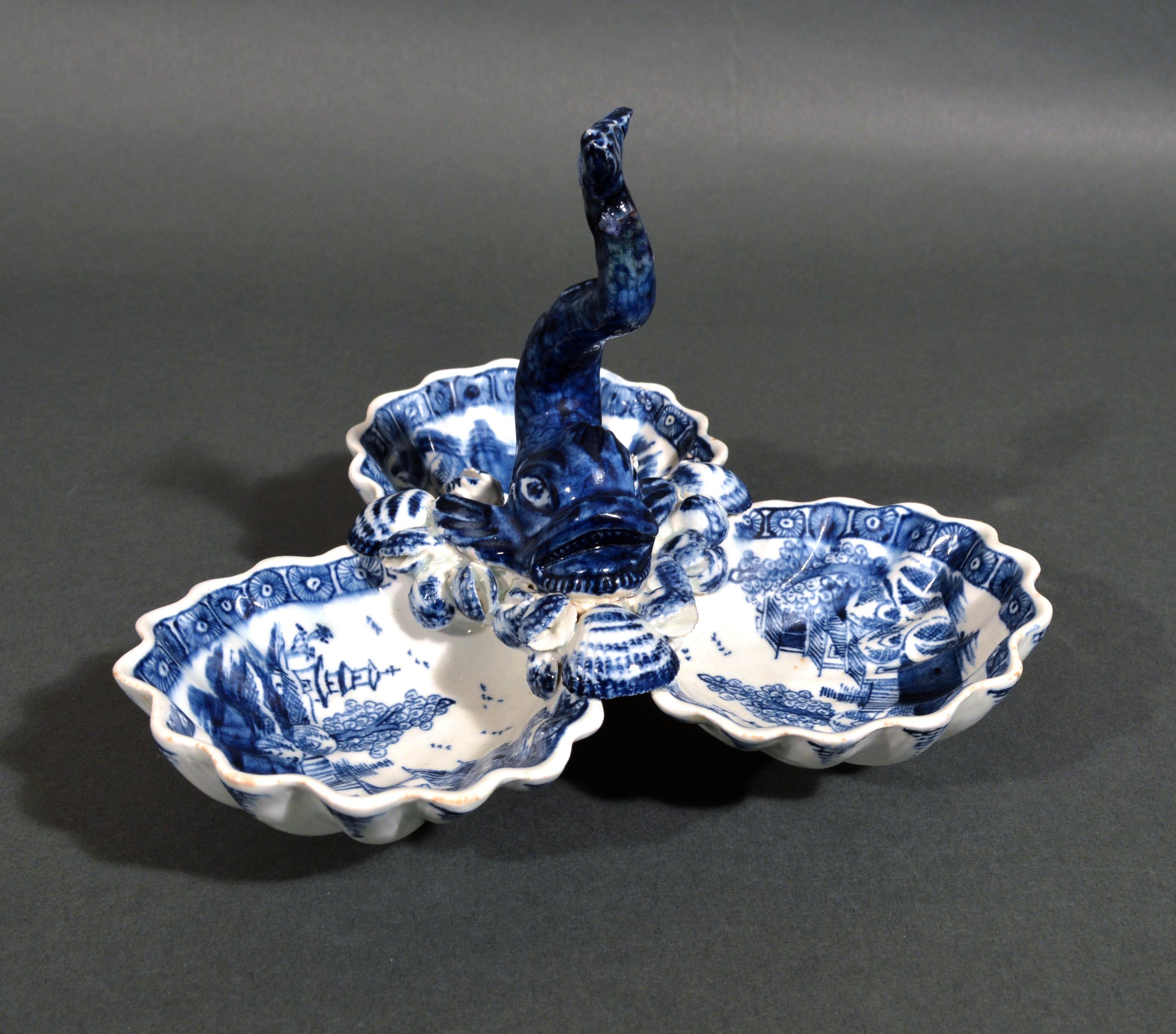 Mid-18th Century English Porcelain Dolphin Sweetmeat or Pickle Stand, Bow Factory, 1752-1755