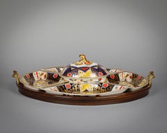 English Porcelain Five-Part Serving Set on a Wooden Tray, circa 1830