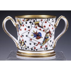 English Porcelain Large Double-Handled Rare Toasting Mug with Playing Cards