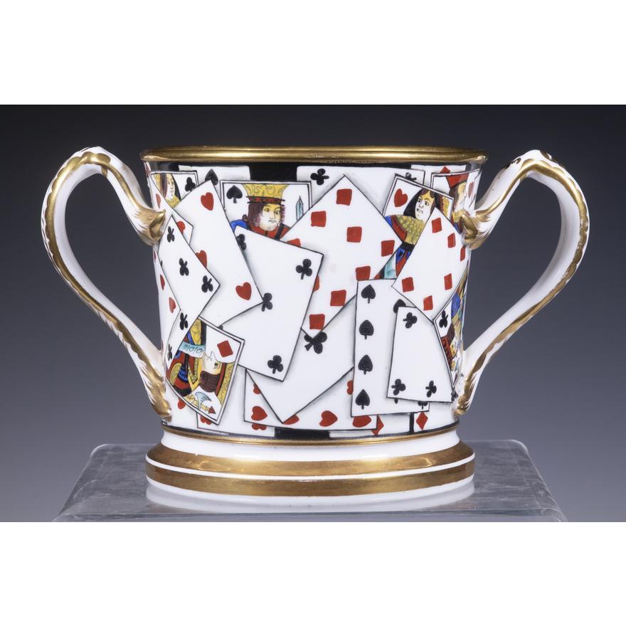 Regency English Porcelain Large Double-Handled Rare Toasting Mug with Playing Cards