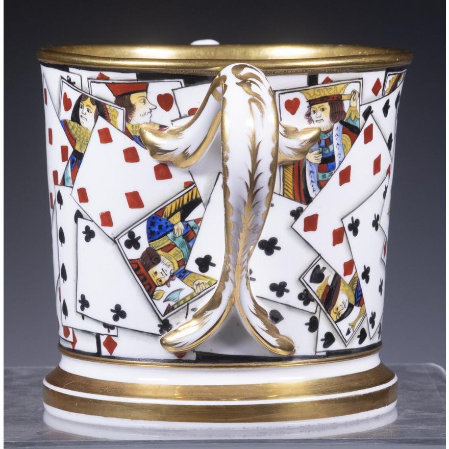 English Porcelain Large Double-Handled Rare Toasting Mug with Playing Cards In Good Condition In Downingtown, PA
