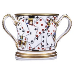 English Porcelain Large Double-Handled Toasting Mug with Playing Cards