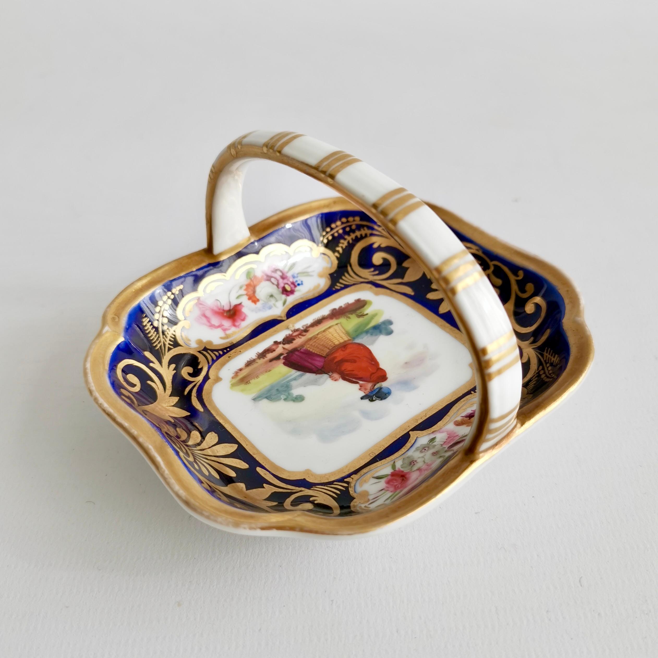 Hand-Painted English Porcelain Miniature Basket, Seated Lady and Flowers, Regency ca 1820