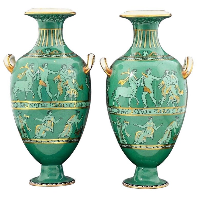 English Porcelain Neoclassical Jade Green Ground Vases Circa 1840