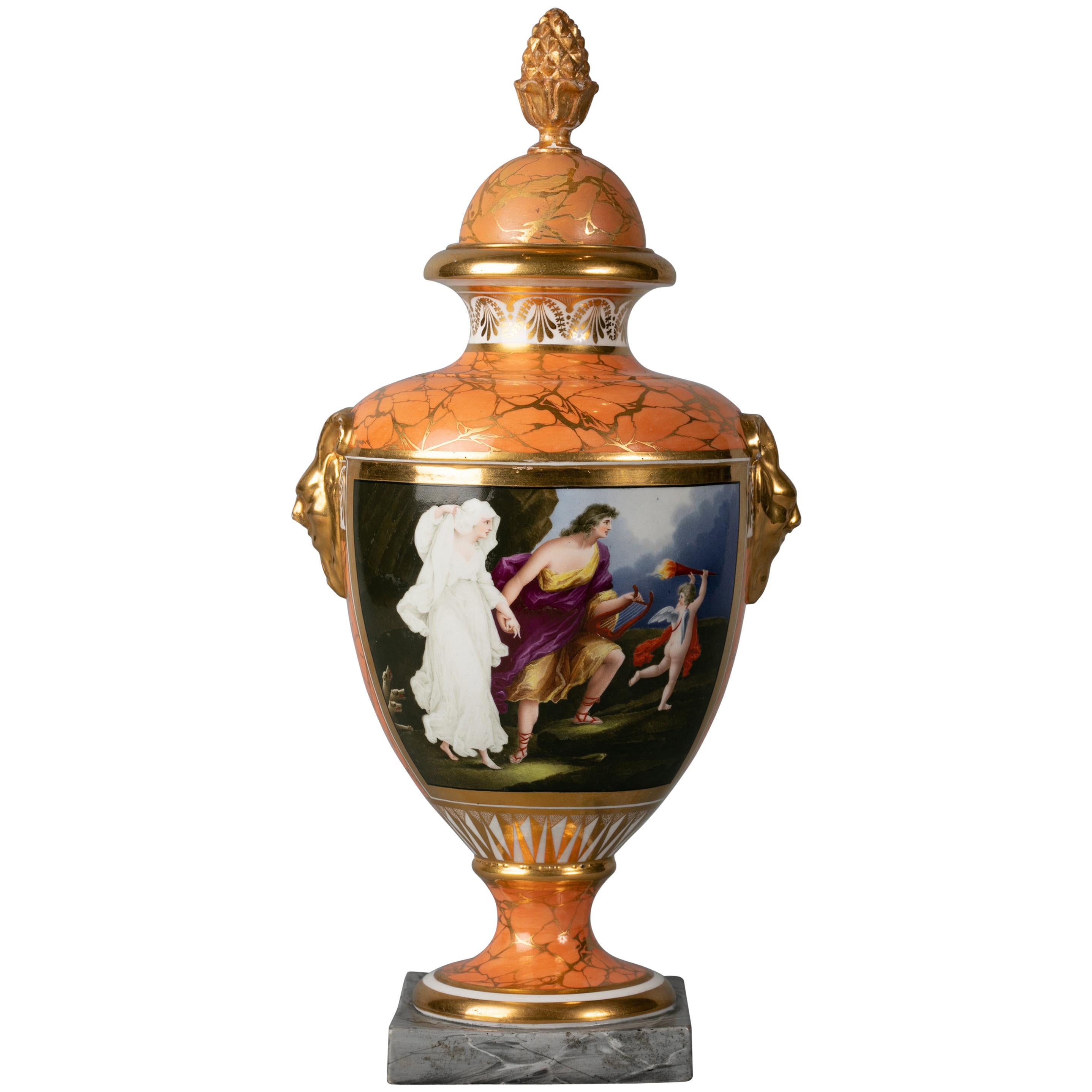Englische Vase aus Porzellan mit orangefarbenem Grund, Chamberlain's Worcester, um 1800