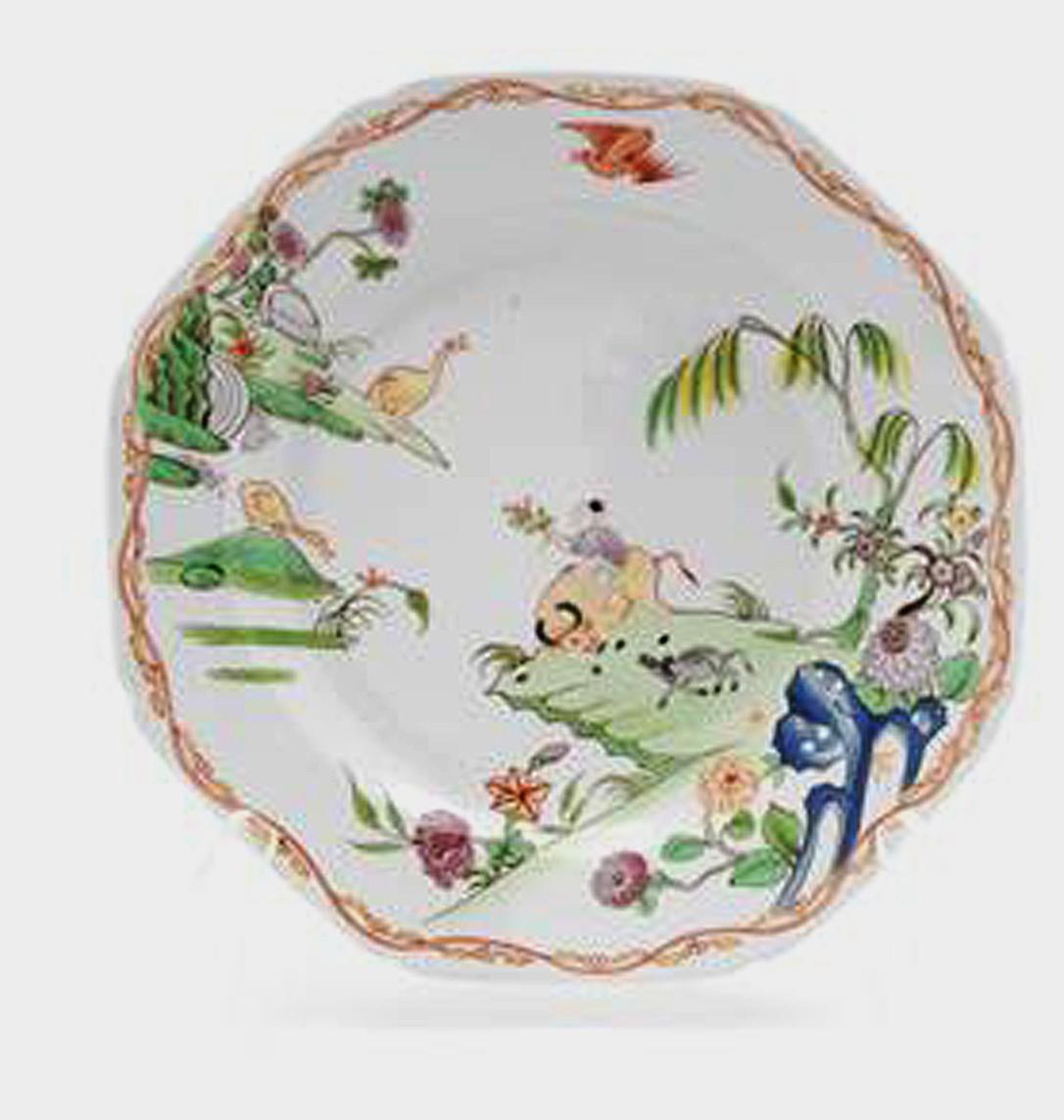Miles Mason Porcelain Chinoiserie Platos con el Niño y el Búfalo Patrón Georgiano en venta