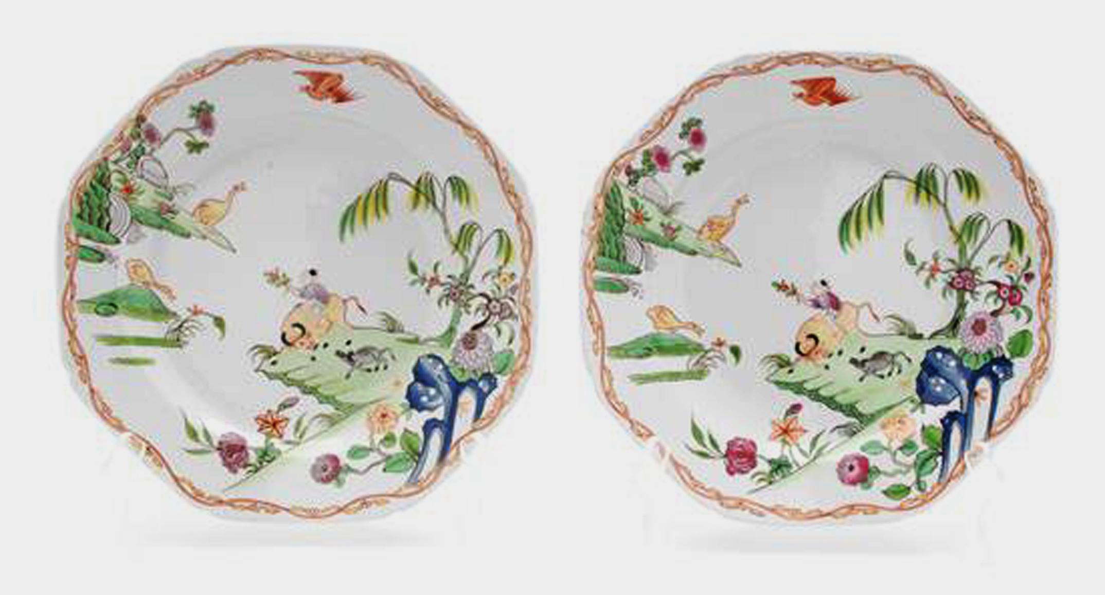 Miles Mason Porcelain Chinoiserie Platos con el Niño y el Búfalo Patrón Inglés en venta