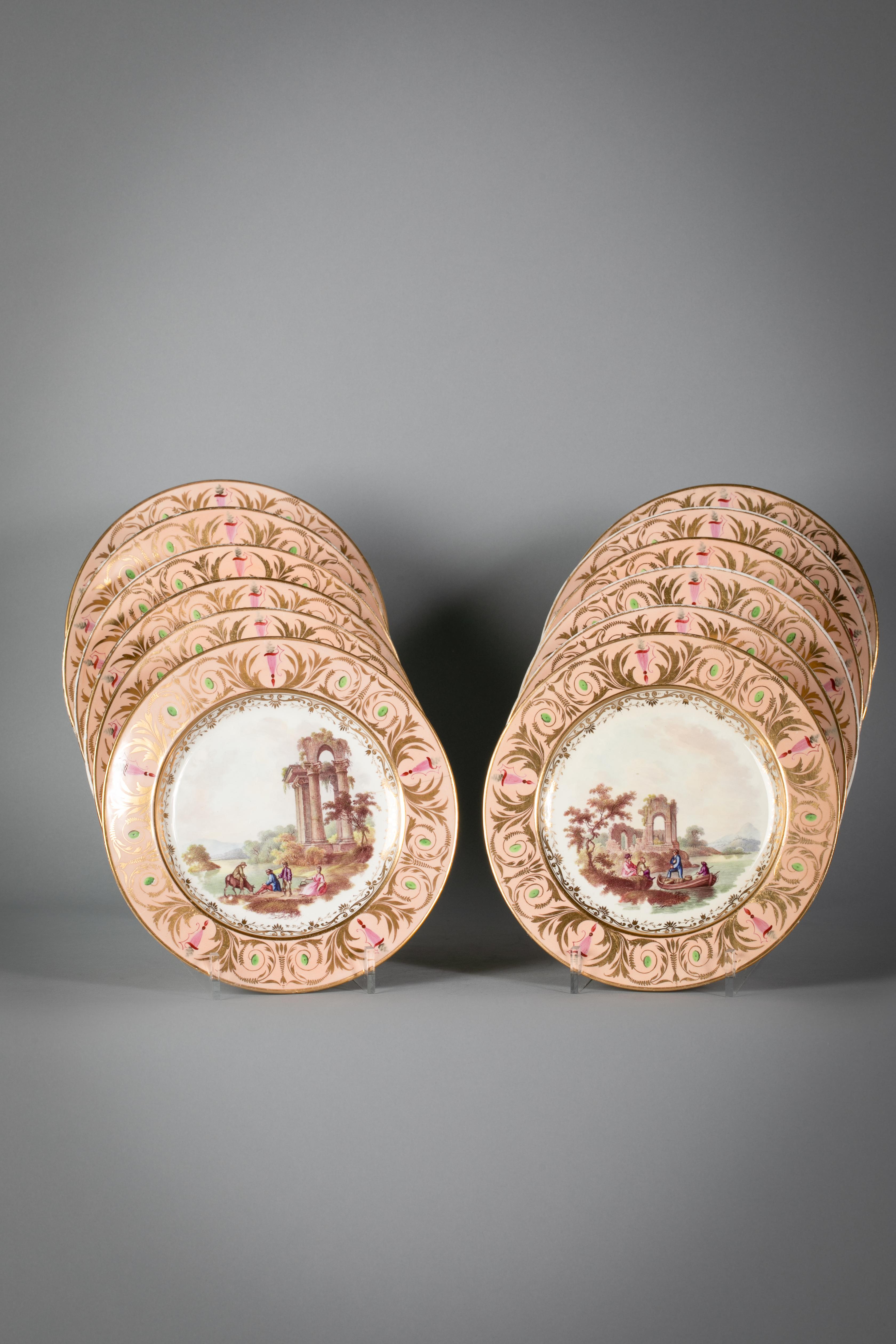 Each with figural and animal painting within landscapes, each identified location on the verso consisting of 25 pieces: Compote, pair of covered sauce tureens and stands, 2 scalloped dishes, 2 shell dishes, 4 lozenge dishes, 14 plates.