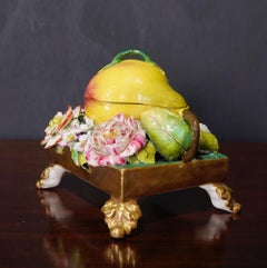 English Porcelain Pear-Form Inkwell, Flower Encrusted, circa 1835