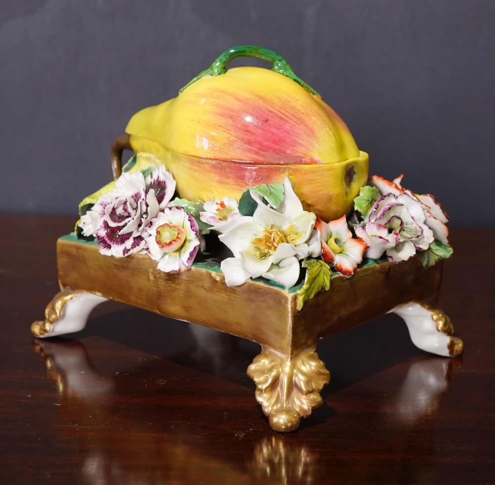 Mid-19th Century English Porcelain Pear-Form Inkwell, Flower Encrusted, circa 1835 For Sale