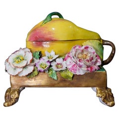 English Porcelain Pear-Form Inkwell, Flower Encrusted, circa 1835