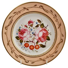 English Porcelain Plate, Salmon with Roses and Cherries, Regency ca 1820