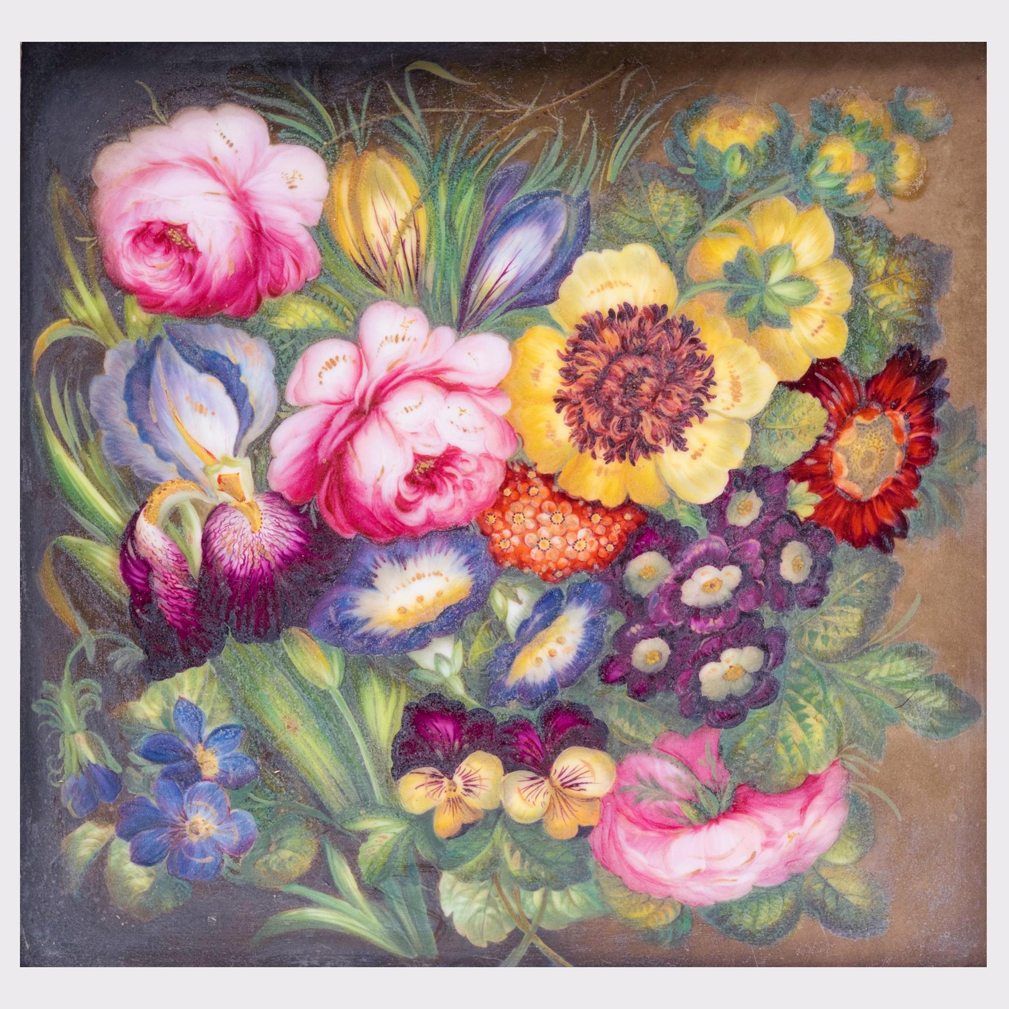 English Porcelain porcelain botanical plaque, 
Probably Derby Porcelain

The framed porcelain square plaque is beautifully painted with a bouquet of flowers including roses, crocuses, iris and pansies placed on a dark brown