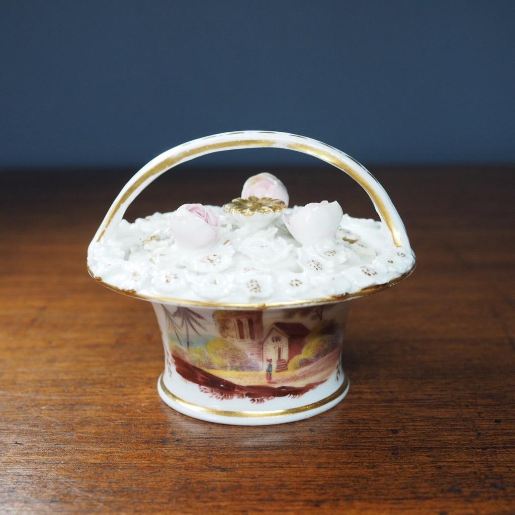 Regency English Porcelain Potpourri Basket with Scenes, c. 1825 For Sale