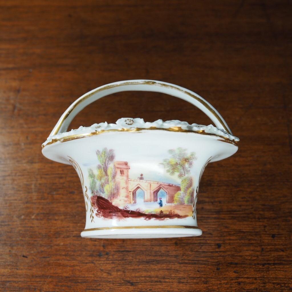 Enamel English Porcelain Potpourri Basket with Scenes, c. 1825 For Sale