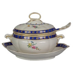 Antique English Porcelain Sauce Tureen, Cover, Ladle and Dish, Derby, circa 1790