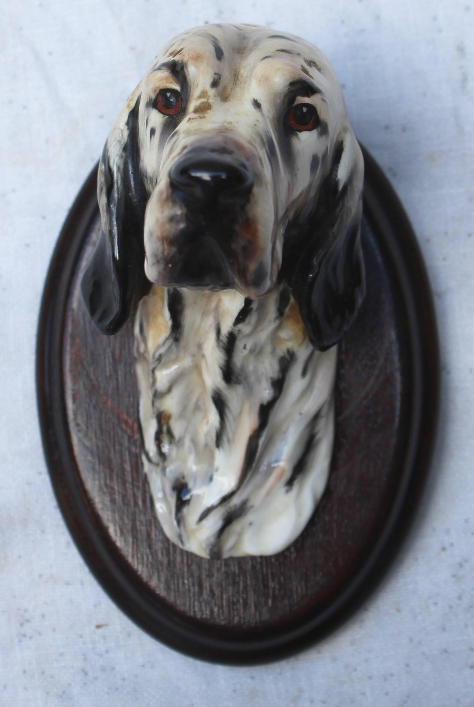 English porcelain head of a setter mounted on a wood plaque.