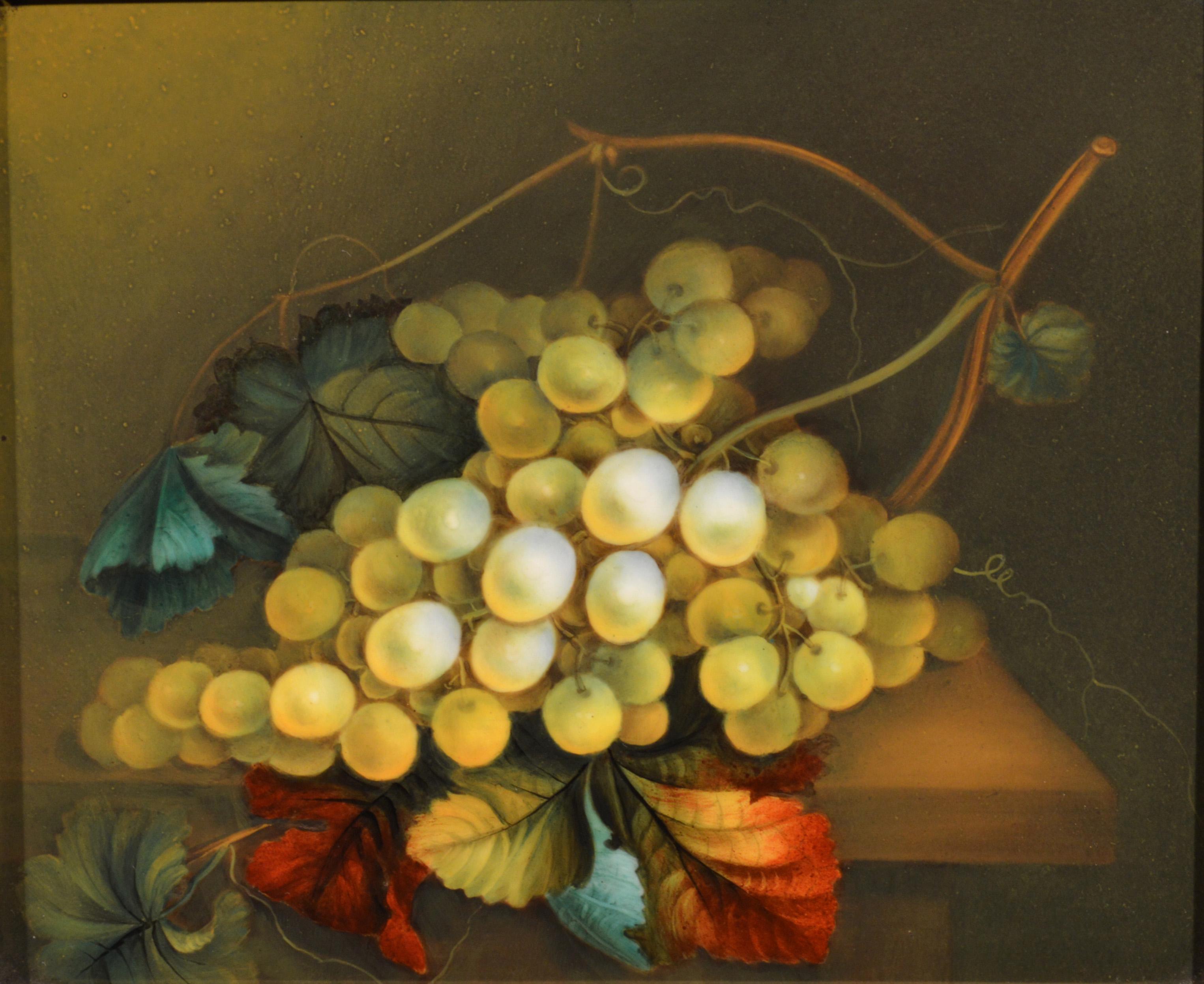 English porcelain still life plaque depicting green grapes on a tabletop,
In the manner of Thomas Steel,
Circa 1830-1840


The plaque depicts a large cluster of grapes resting on a stone table top with leaves in different hues still attached. This