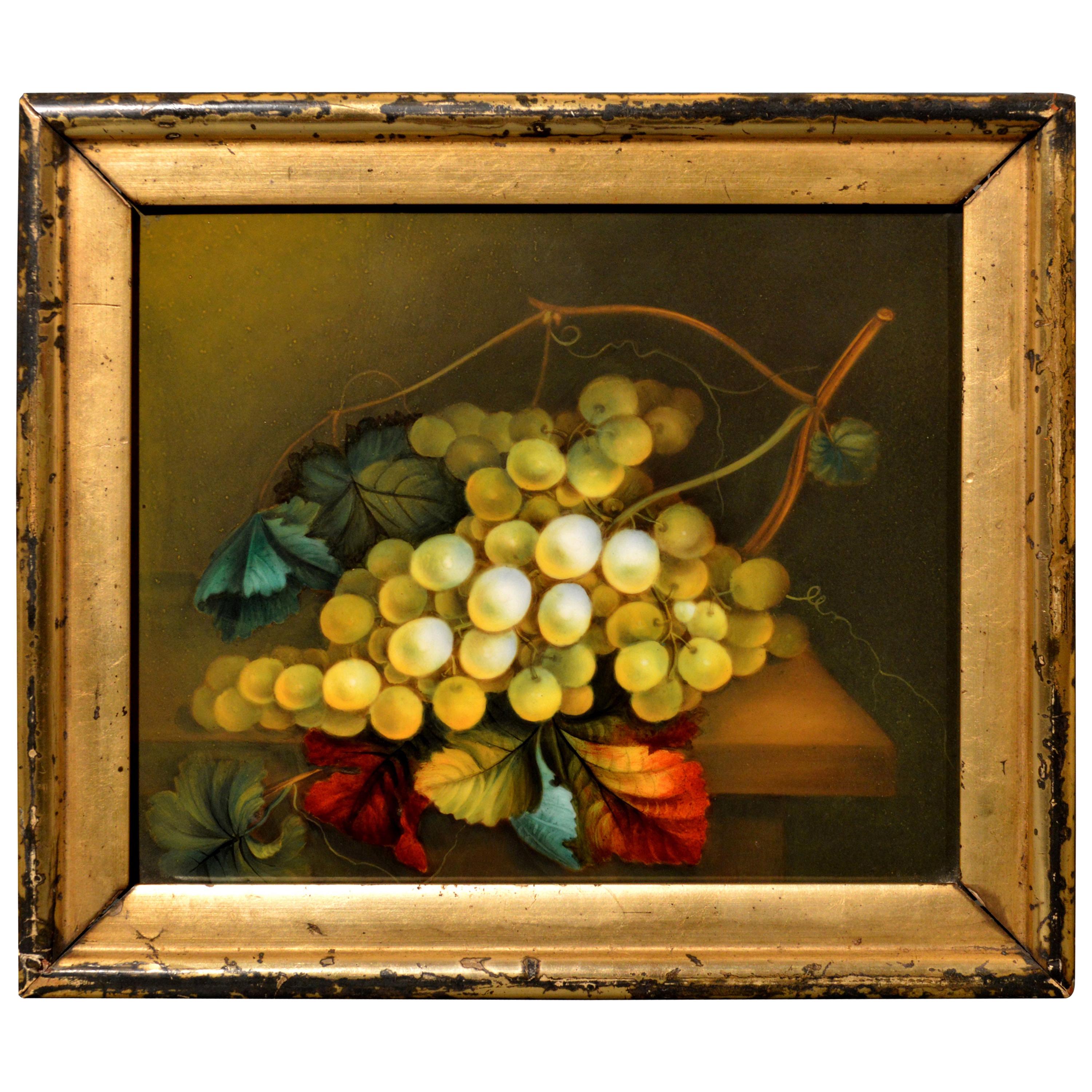 English Porcelain Still Life Plaque depicting Green Grapes on a Tabletop