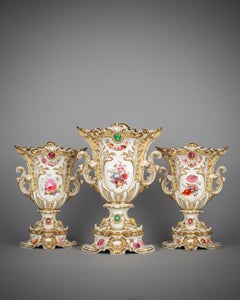 English Porcelain Three Piece Handled Garniture, circa 1840