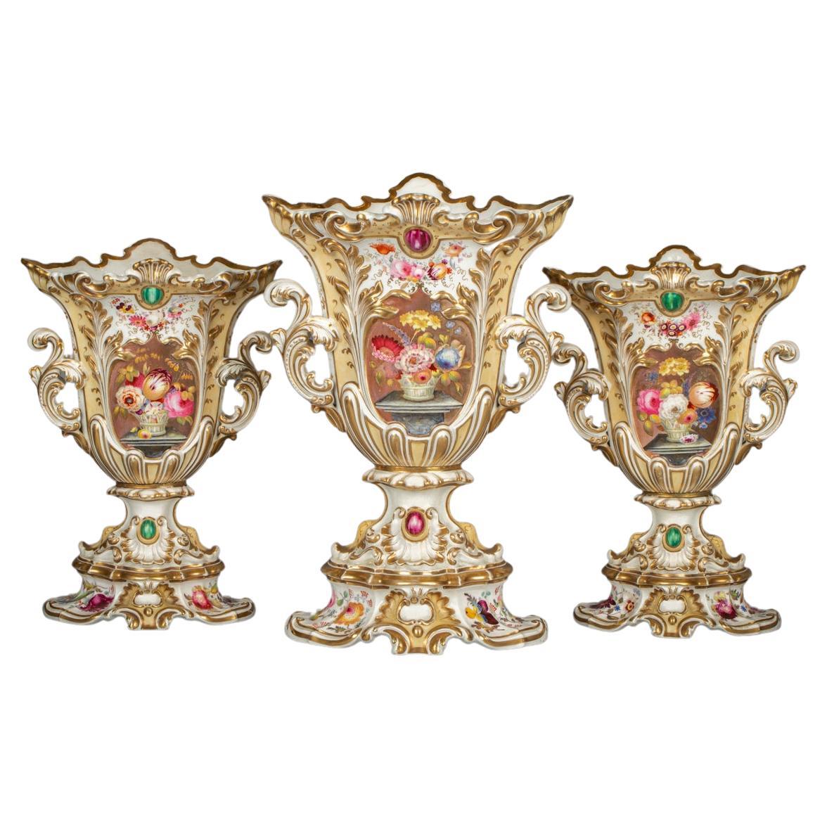 English Porcelain Three Piece Handled Garniture, circa 1840 For Sale