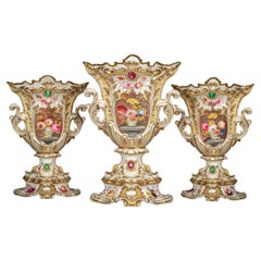 English Porcelain Three Piece Handled Garniture, circa 1840