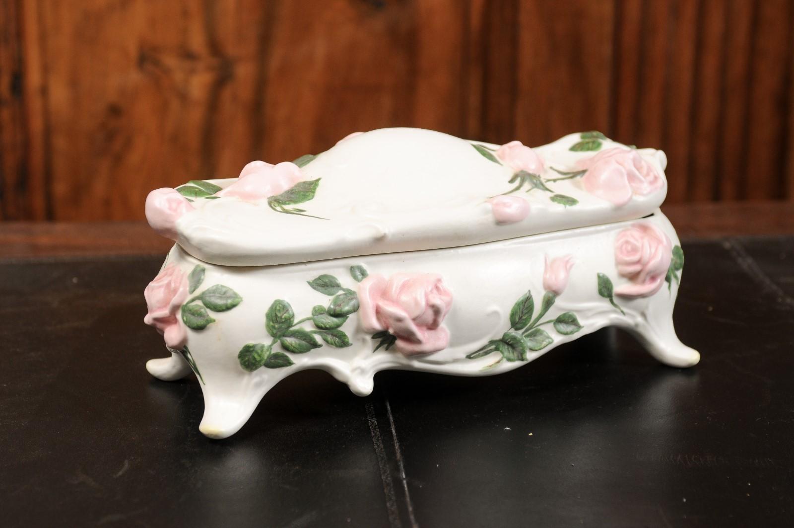 English Porcelain Vanity Lidded Box with Pink Painted Roses and Scrolling Feet 7