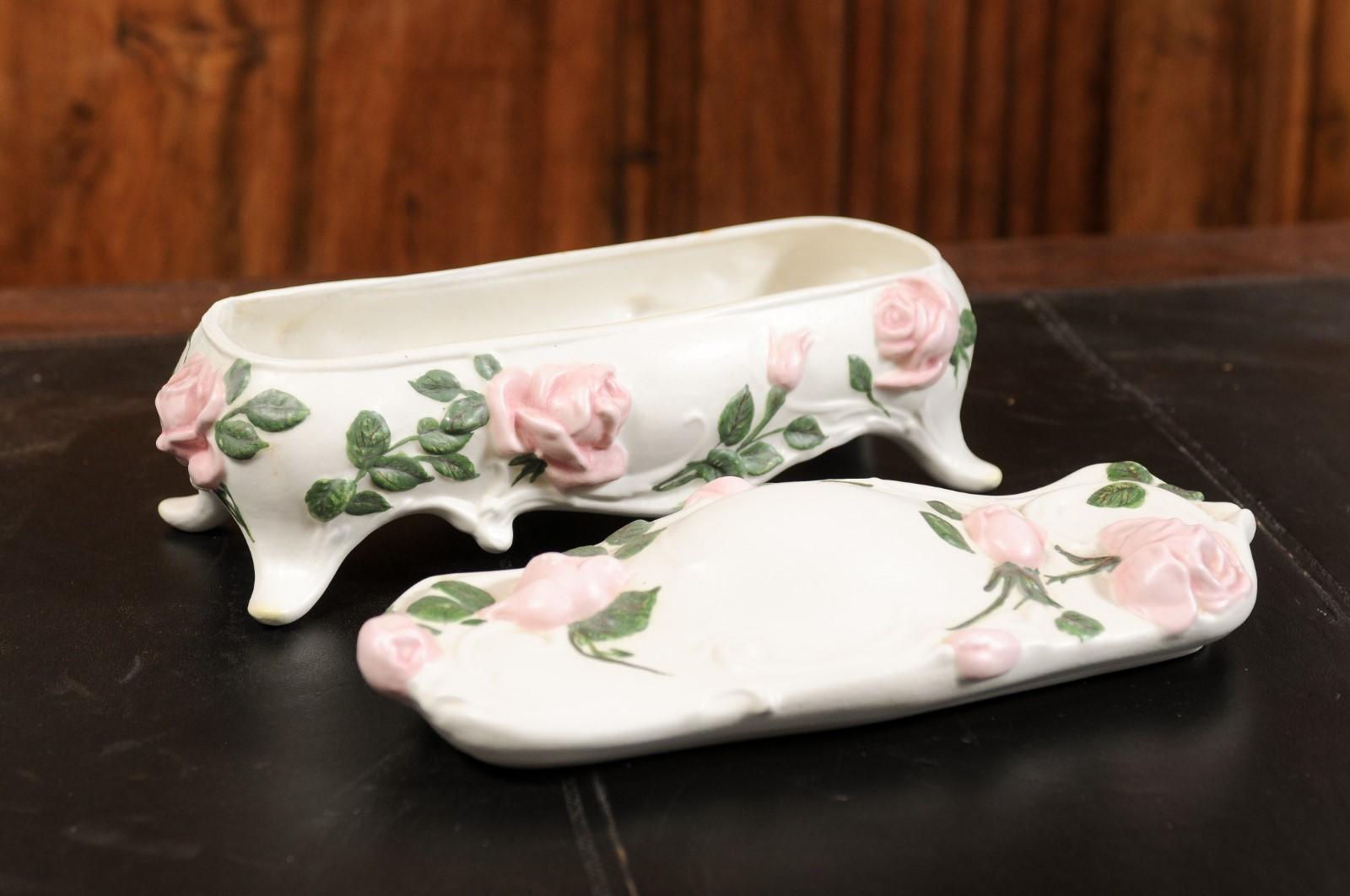 English Porcelain Vanity Lidded Box with Pink Painted Roses and Scrolling Feet 8