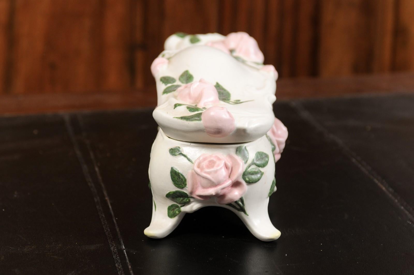 English Porcelain Vanity Lidded Box with Pink Painted Roses and Scrolling Feet 9