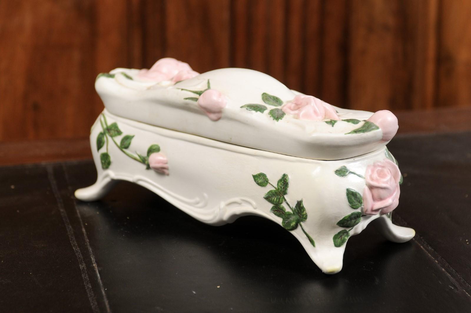 English Porcelain Vanity Lidded Box with Pink Painted Roses and Scrolling Feet 10