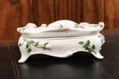 English Porcelain Vanity Lidded Box with Pink Painted Roses and Scrolling Feet