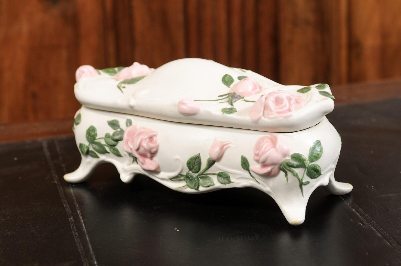English Porcelain Vanity Lidded Box with Pink Painted Roses and Scrolling Feet 1