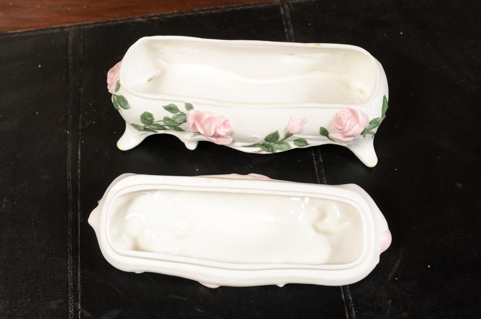 English Porcelain Vanity Lidded Box with Pink Painted Roses and Scrolling Feet 3