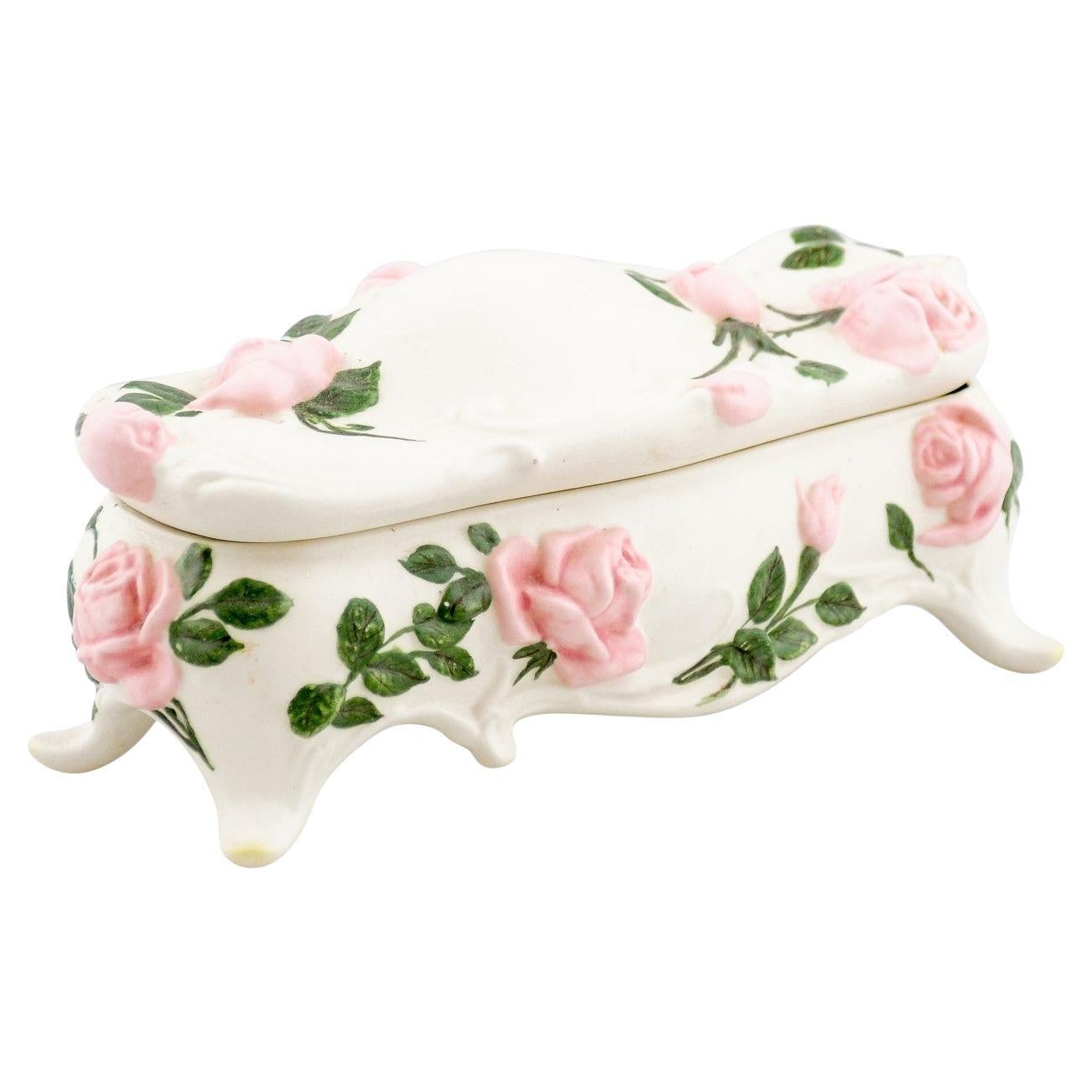 English Porcelain Vanity Lidded Box with Pink Painted Roses and Scrolling Feet