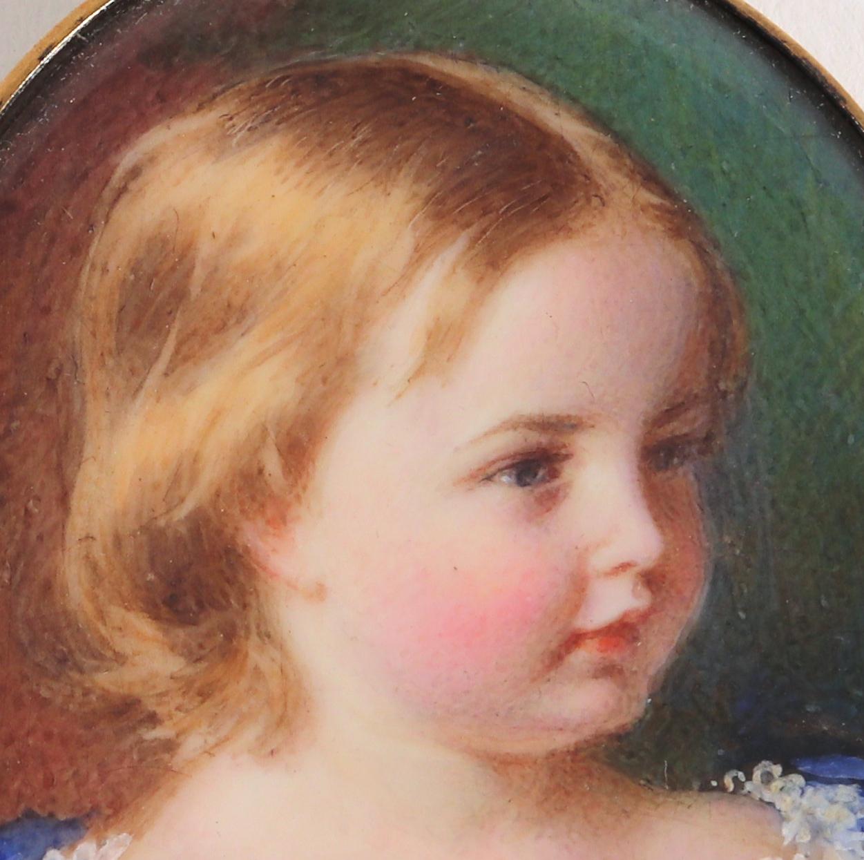 English portrait miniature of a young girl, 
Edward Tayler,
Dated 1863 

The English portrait miniature depicts a naturalistically painted view of a young girl's right face and upper torso. The girl has rosy cheeks and red hair parted in the center.