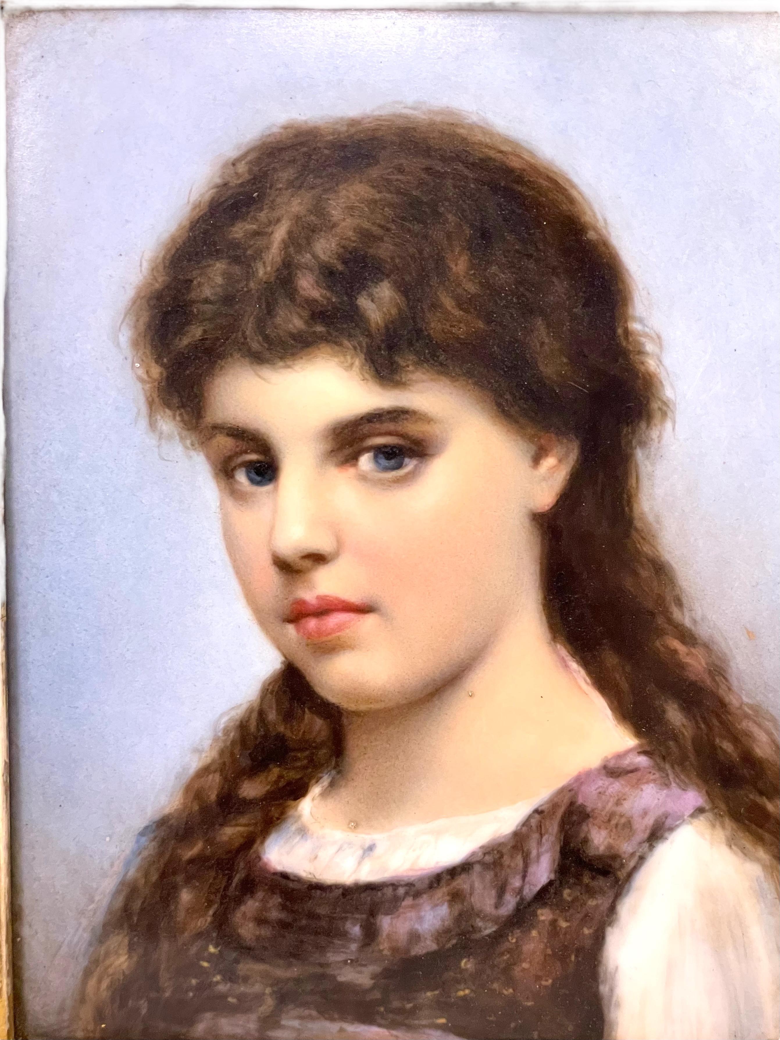 English Portrait of a Young Beauty on a Ceramic Plaque For Sale