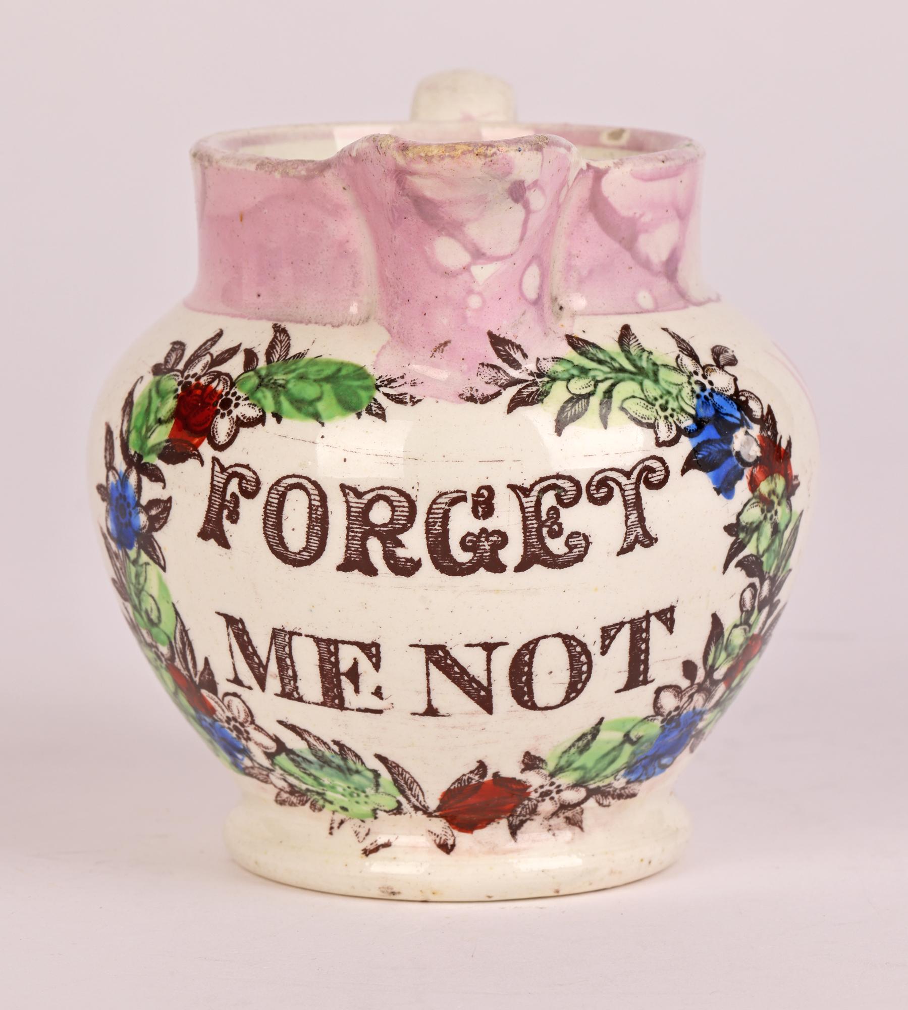 A scarce antique English, possibly Yorkshire or Sunderland lustre pearlware pottery cream jug decorated with the words FORGET ME NOT dating from around 1820-30. The small and lightly potted jug is of rounded bulbous shape standing raised on a narrow