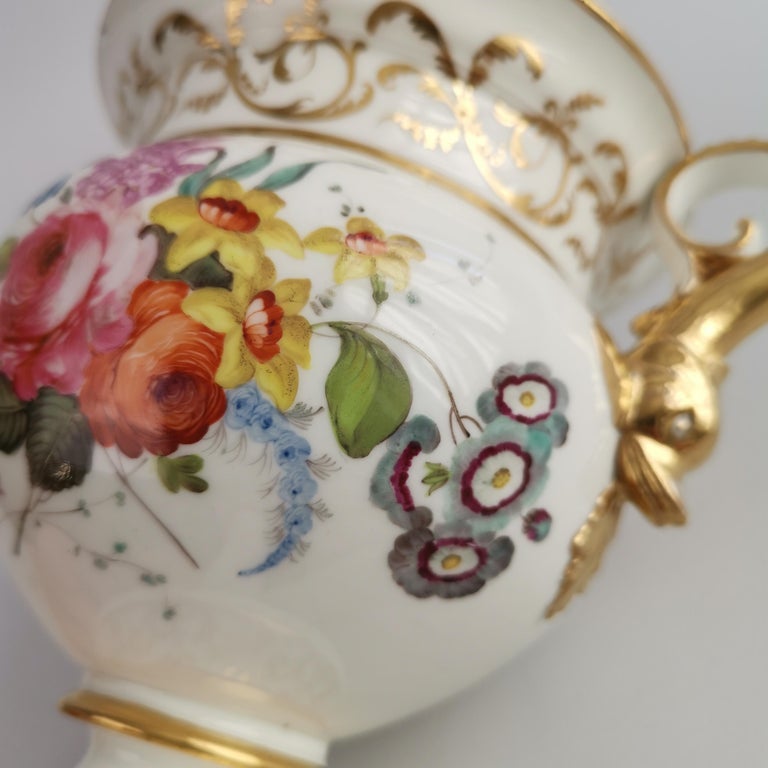 English Potpourri Vase, White with Flowers and Dolphin Handles, Regency