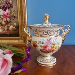 English Potpourri Vase, White with Flowers and Dolphin Handles, Regency ca 1820