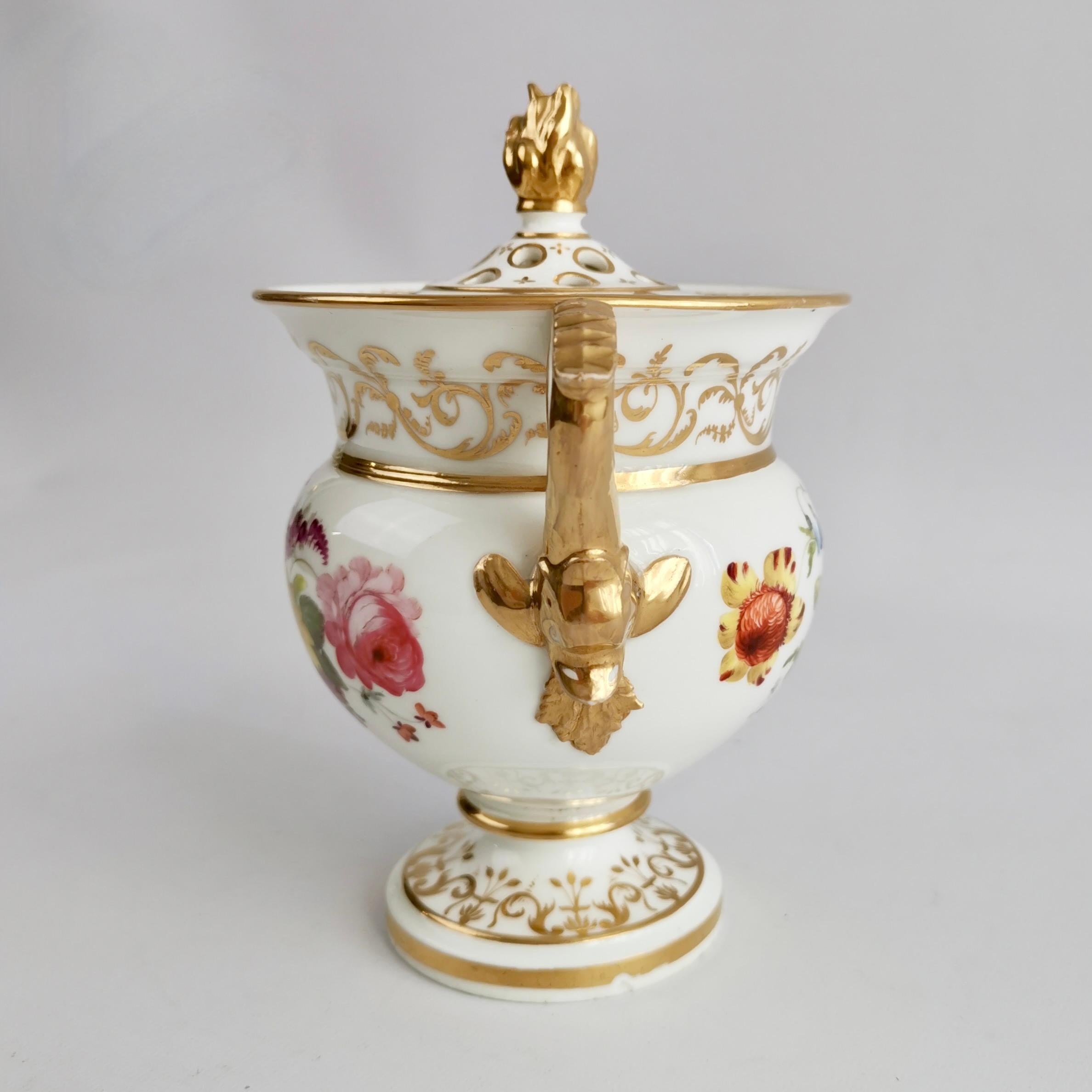 Hand-Painted English Potpourri Vase, White with Flowers and Dolphin Handles, Regency ca 1820