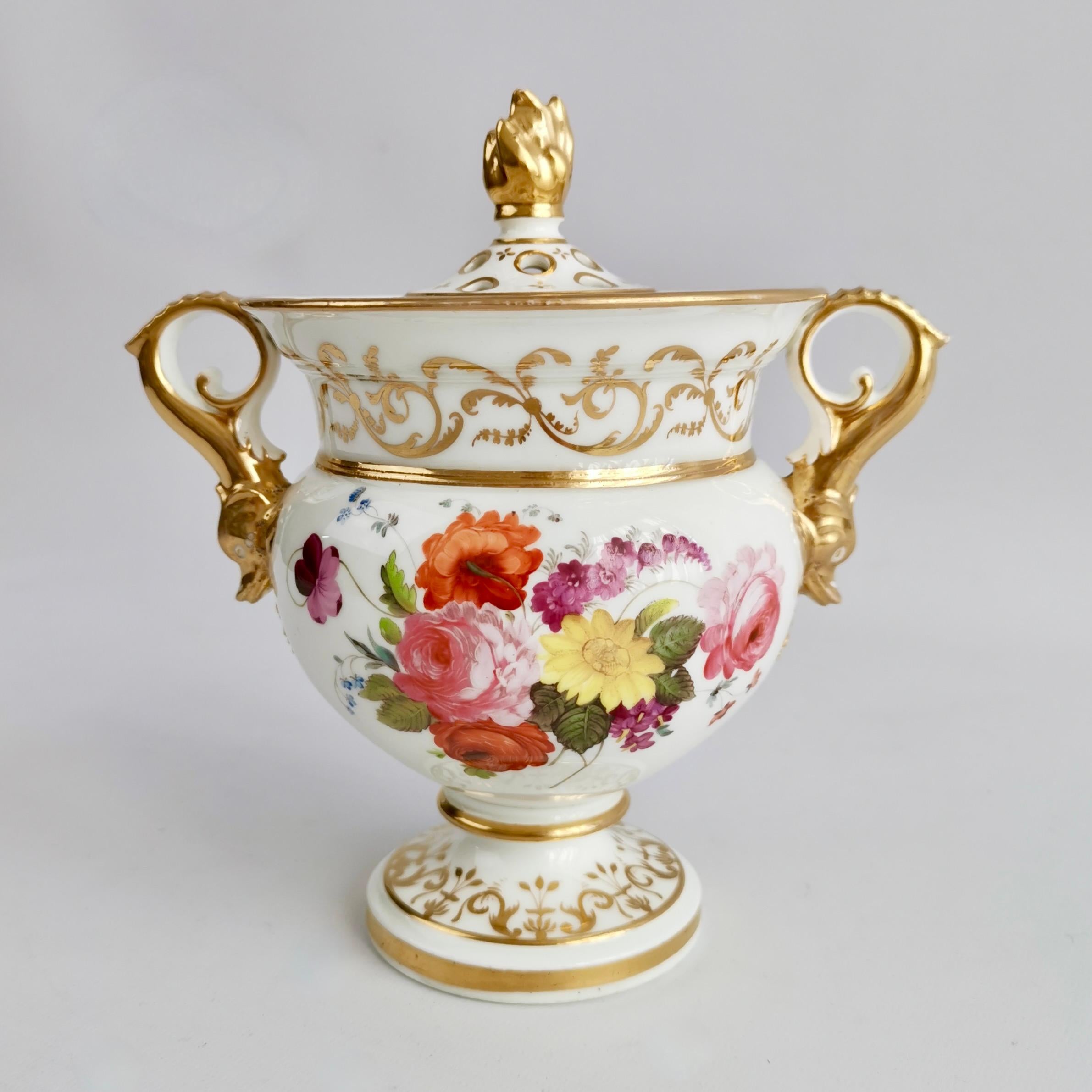 English Potpourri Vase, White with Flowers and Dolphin Handles, Regency ca 1820 In Good Condition In London, GB