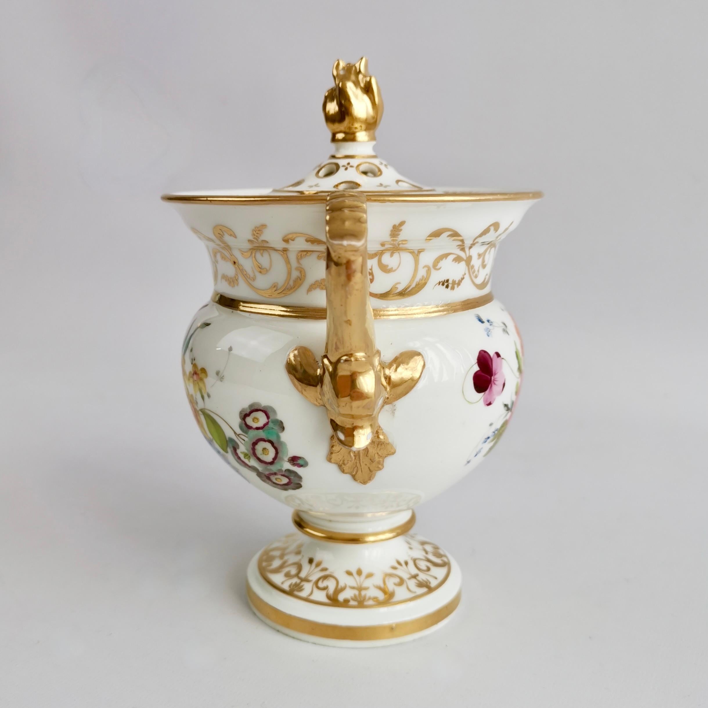 Early 19th Century English Potpourri Vase, White with Flowers and Dolphin Handles, Regency ca 1820
